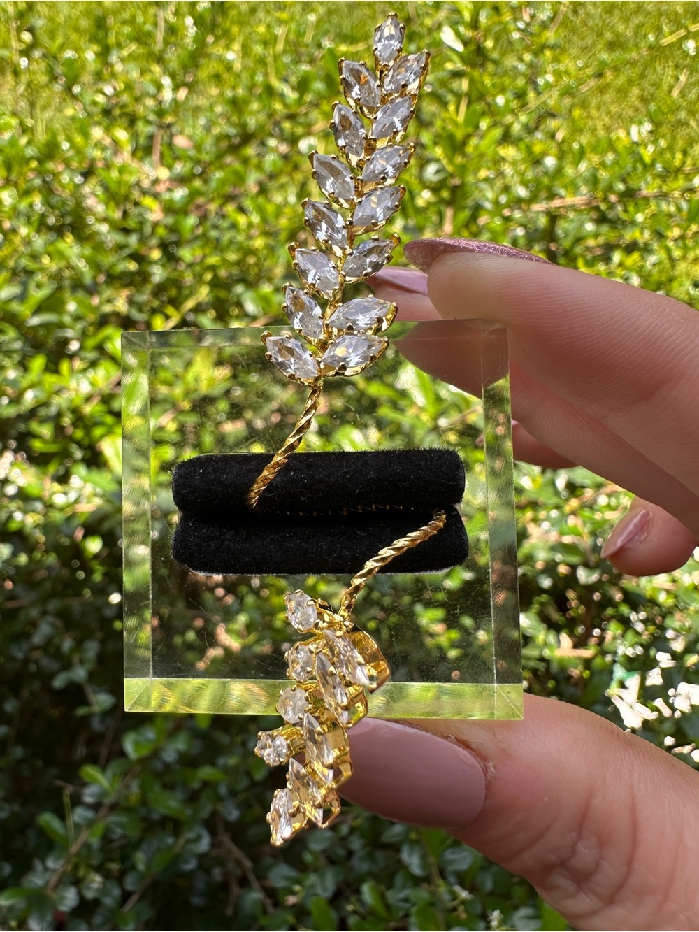 Gold Leaf Cluster Ring with Clear Crystal Stones - Women Jewelry Rings